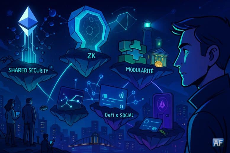 Archipel de « frontières crypto » flottant au-dessus d’une ville nocturne : sécurité partagée, ZK, modularité, RWAs et DeFi/social reliés par des flux néon, avec logos stylisés (Ethereum, CoinGecko, Farcaster) et caméo discret de Vitalik.