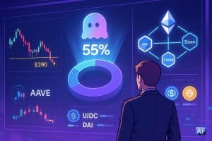 Un tableau de bord futuriste met en scène l’écosystème Aave : part de marché 55 %, support 290 $ et logos multi-chaînes (Ethereum, Arbitrum, Base, Linea).