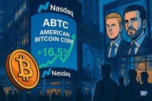 Devant la tour Nasdaq à Times Square, l’écran « ABTC » affiche une courbe verte +16,5 % tandis qu’une pièce Bitcoin domine le premier plan et que des portraits stylisés d’Eric et Donald Trump Jr. apparaissent en reflets.