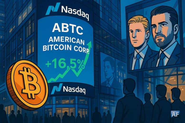 Devant la tour Nasdaq à Times Square, l’écran « ABTC » affiche une courbe verte +16,5 % tandis qu’une pièce Bitcoin domine le premier plan et que des portraits stylisés d’Eric et Donald Trump Jr. apparaissent en reflets.