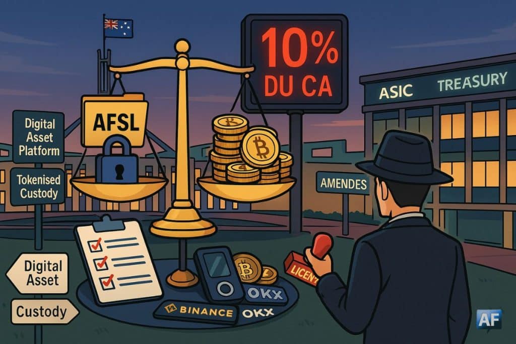 Sur fond de bâtiment administratif battant pavillon australien, un agent tient un tampon "Licence" devant une balance pesant des jetons crypto et un dossier "AFSL" à côté d'un panneau "10% CA".