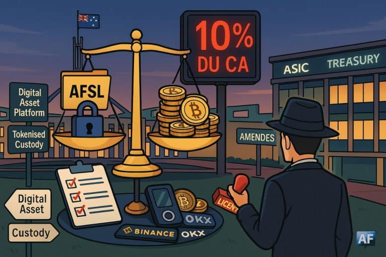 Sur fond de bâtiment administratif battant pavillon australien, un agent tient un tampon "Licence" devant une balance pesant des jetons crypto et un dossier "AFSL" à côté d'un panneau "10% CA".
