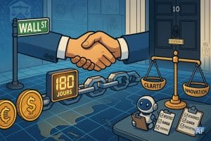 Une poignée de main entre Wall Street et Downing Street se change en pont-blockchain au-dessus de l’Atlantique, tandis qu’un affichage “180 jours” équilibre clarté et innovation sous le regard d’un petit robot-auditeur.