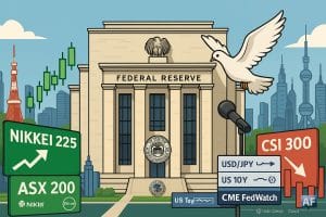 Une illustration éditoriale en format paysage montre la Federal Reserve au centre, une colombe « dovish », et des panneaux boursiers indiquant Nikkei/ASX en hausse et CSI 300 en repli, avec widgets USD/JPY, US 10Y et CME FedWatch.
