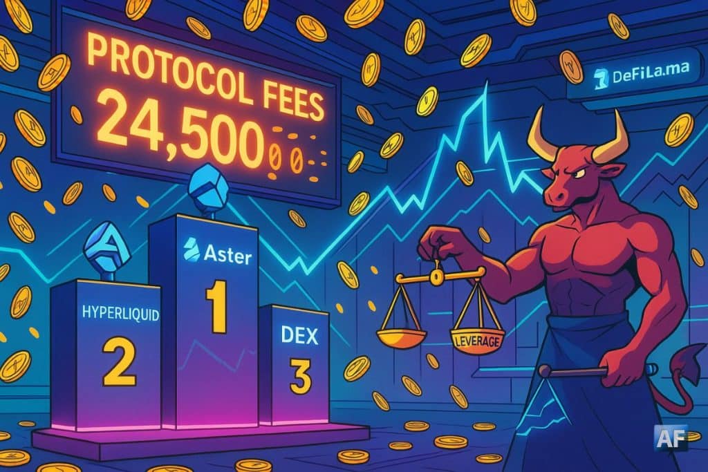 Aster prend la tête des frais journaliers des perps dans une salle des marchés futuriste, tandis qu’un minotaure du “levier” pèse la balance sous un compteur “Protocol Fees 24h” en surchauffe.