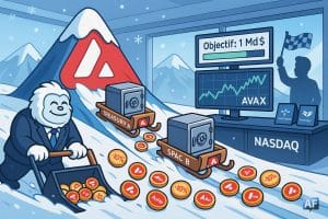 Une montagne-logo AVAX, deux luges “Treasury A” et “SPAC B” récoltant des pièces décotées, un yéti-trésorier poussant la neige vers elles, et des écrans NASDAQ affichant « Objectif : 1 Md$ » et le cours d’AVAX.