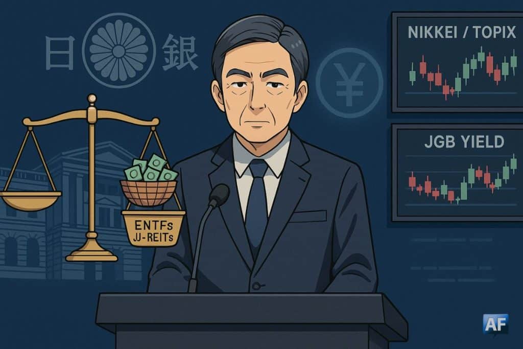 Kazuo Ueda annonce des ventes graduelles d’ETF/J-REIT sous un ciel bleu institutionnel, tandis que des écrans Nikkei/TOPIX et JGB cadrent une balance symbolisant « taux inchangés » vs « cessions ».