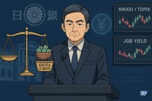 Kazuo Ueda annonce des ventes graduelles d’ETF/J-REIT sous un ciel bleu institutionnel, tandis que des écrans Nikkei/TOPIX et JGB cadrent une balance symbolisant « taux inchangés » vs « cessions ».