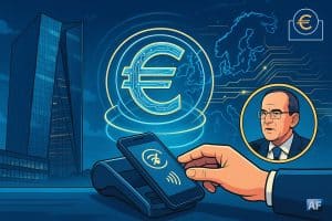 La tour de la BCE, un euro numérique holographique protégé par trois anneaux, un paiement sans contact en mode hors-ligne et un médaillon de Piero Cipollone, dans une palette bleu-or.
