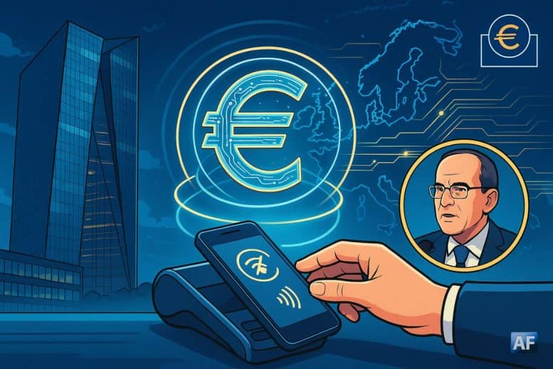 La tour de la BCE, un euro numérique holographique protégé par trois anneaux, un paiement sans contact en mode hors-ligne et un médaillon de Piero Cipollone, dans une palette bleu-or.