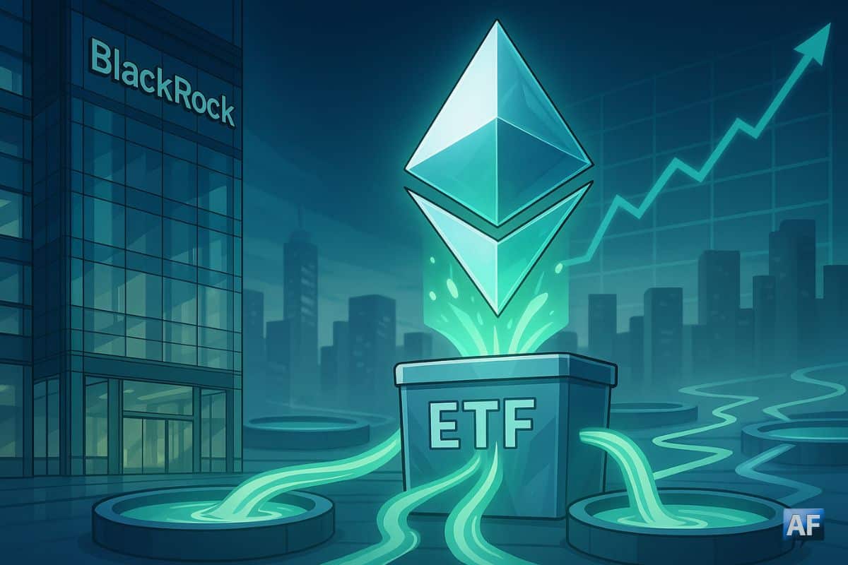 Un losange Ethereum lumineux jaillit d’un conteneur « ETF » tandis que des flux verts affluent depuis une tour BlackRock, sur fond de skyline et de courbe haussière stylisée.