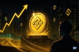 Dans une skyline futuriste noire et or, une pièce BNB dorée s’illumine tandis qu’un graphe ascendant et des flux de particules DeFi célèbrent le cap symbolique des 1 000 $.