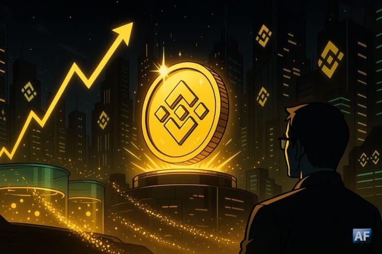 Dans une skyline futuriste noire et or, une pièce BNB dorée s’illumine tandis qu’un graphe ascendant et des flux de particules DeFi célèbrent le cap symbolique des 1 000 $.