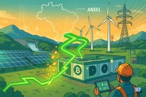 Un “hub vert” au Brésil relie éolien, solaire et hydro à une ferme de minage Bitcoin, symbolisé par un éclair vert qui absorbe le surplus d’énergie au coucher du soleil.