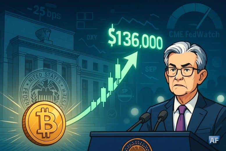 Un Bitcoin propulsé vers 136 000 $ sous l’œil de Jerome Powell, avec la Federal Reserve en arrière-plan et des HUD financiers suggérant une baisse de -25 bps.