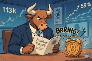 Un taureau en costard lit le rapport NFP tandis qu’un réveil Bitcoin « BRRING! » sonne, avec 113 k$ et « dominance 59 % » affichés sur les écrans d’une salle de marché.