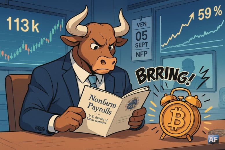 Un taureau en costard lit le rapport NFP tandis qu’un réveil Bitcoin « BRRING! » sonne, avec 113 k$ et « dominance 59 % » affichés sur les écrans d’une salle de marché.