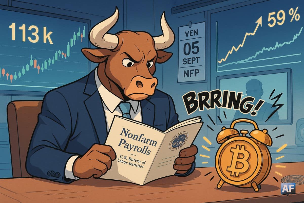 Un taureau en costard lit le rapport NFP tandis qu’un réveil Bitcoin « BRRING! » sonne, avec 113 k$ et « dominance 59 % » affichés sur les écrans d’une salle de marché.