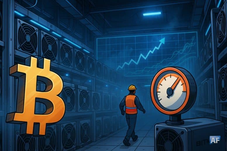 Dans une ferme de minage futuriste, une pièce ₿ flamboyante et un manomètre symbolisent la hausse de difficulté tandis que les rangées d’ASIC s’illuminent sous un graphique ascendant.