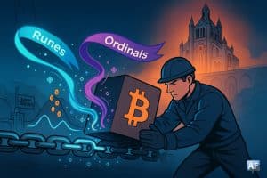 Un mineur pousse un bloc ₿ tandis que des rubans « Runes » et « Ordinals » alimentent la chaîne, sur fond de graphe des frais et d’une passerelle « Hyper Bitcoin » ancrant des lots vers L1.