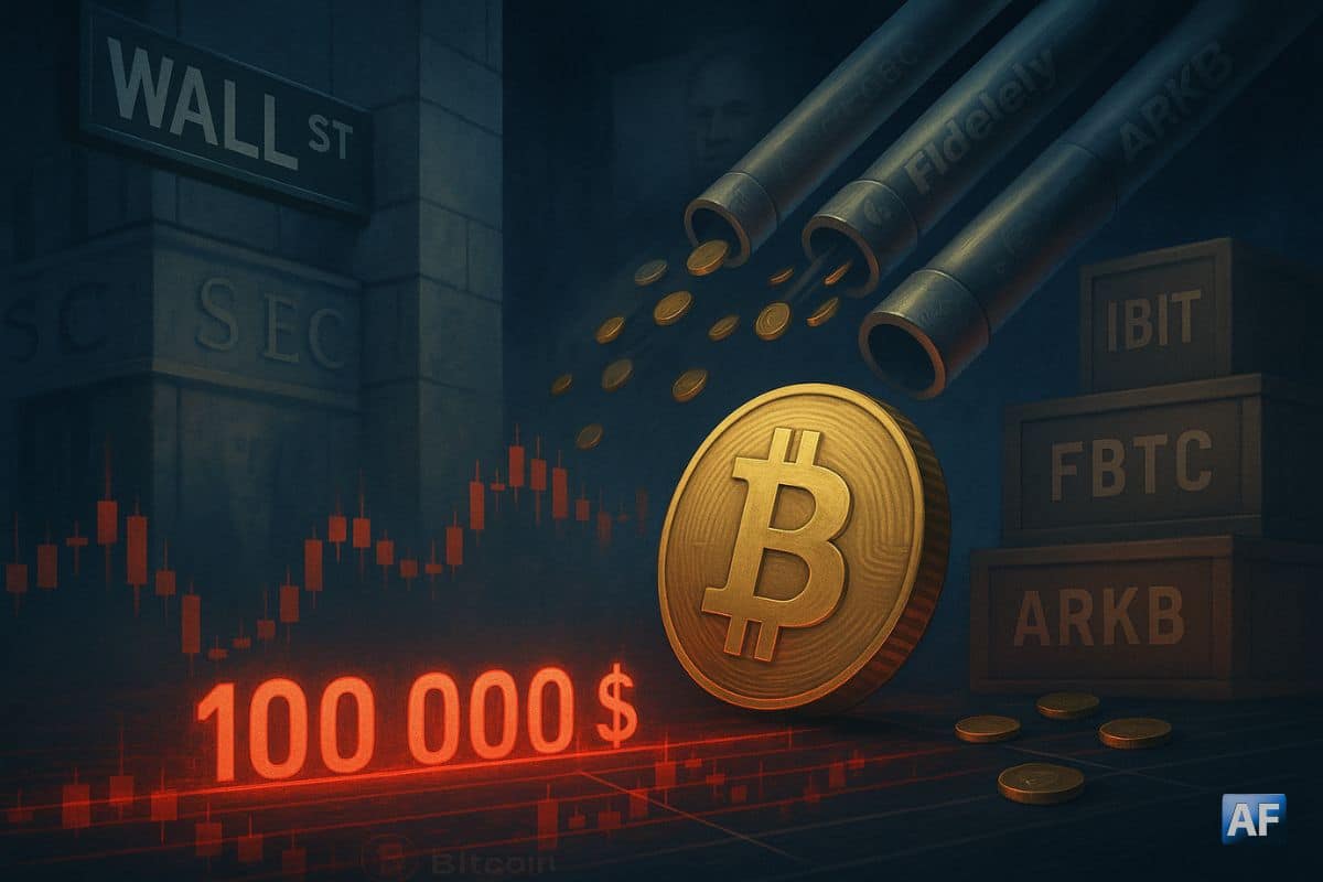 Une pièce Bitcoin dorée vacille au bord de la ligne de support « 100 000 $ », tandis que des tuyaux estampillés ETF aspirent des pièces sur fond de bougies rouges, d’un panneau Wall Street et d’une façade SEC.