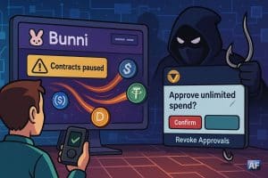 Une scène BD/manga en paysage montre l’interface « Bunni – contracts paused », un hacker brandissant une fenêtre « Approve unlimited spend? », et un utilisateur hésitant avec son hardware wallet, tandis que des stablecoins s’échappent vers l’attaque.