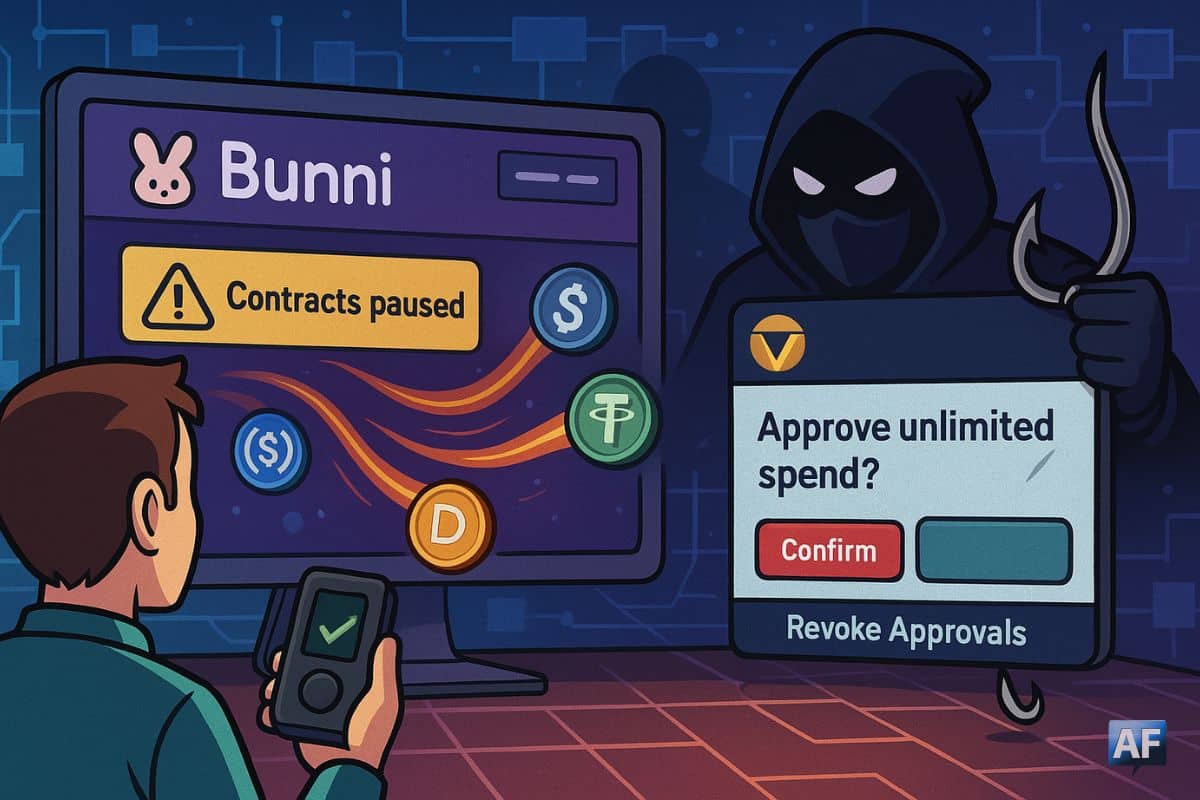Une scène BD/manga en paysage montre l’interface « Bunni – contracts paused », un hacker brandissant une fenêtre « Approve unlimited spend? », et un utilisateur hésitant avec son hardware wallet, tandis que des stablecoins s’échappent vers l’attaque.