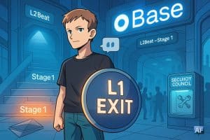 Vitalik brandit un bouclier « L1 EXIT » au pied d’un escalier « Stage 1 », sous les néons « Base », évoquant la progression vers une décentralisation accrue.