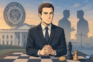 Brian Quintenz, posé devant la Maison Blanche, domine un échiquier tandis que les jumeaux Winklevoss se découpent en arrière-plan, symbole de l’affrontement d’influence autour de la présidence de la CFTC.