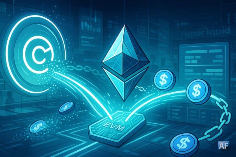 Des flux d’USDC “burn/mint” voyagent du portail Circle vers un cristal Ethereum/EVM, puis réapparaissent devant Hyperliquid, symbolisant CCTP v2 et la liquidité inter-chaînes.
