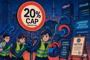 Séoul au néon : un panneau « 20% CAP » et un taeguk-cadenas symbolisent l’encadrement des prêts crypto tandis que des agents confisquent des leviers x2/x5/x10.