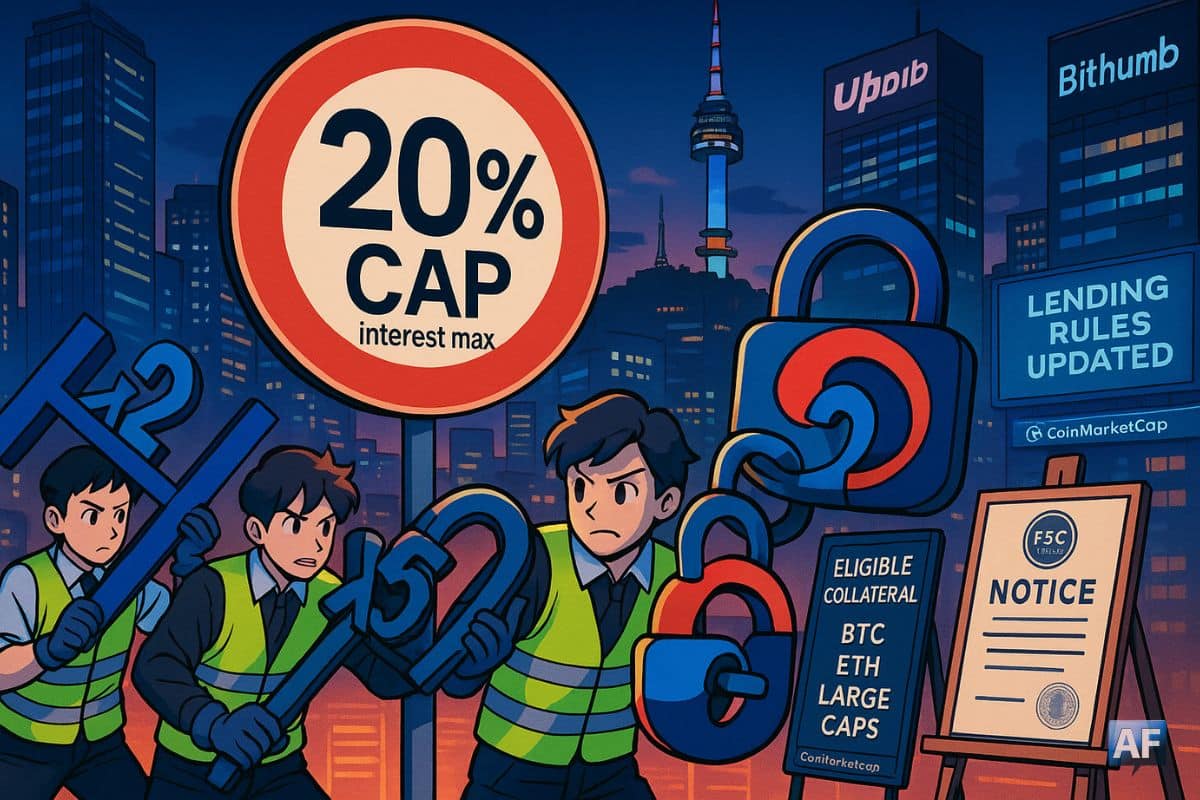 Séoul au néon : un panneau « 20% CAP » et un taeguk-cadenas symbolisent l’encadrement des prêts crypto tandis que des agents confisquent des leviers x2/x5/x10.