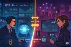 Diptyque opposant une salle de marché CEX froide et métallique à un réseau DEX Cosmos/dYdX violet-magenta, reliés par un pont de flux lumineux symbolisant la convergence de liquidité.