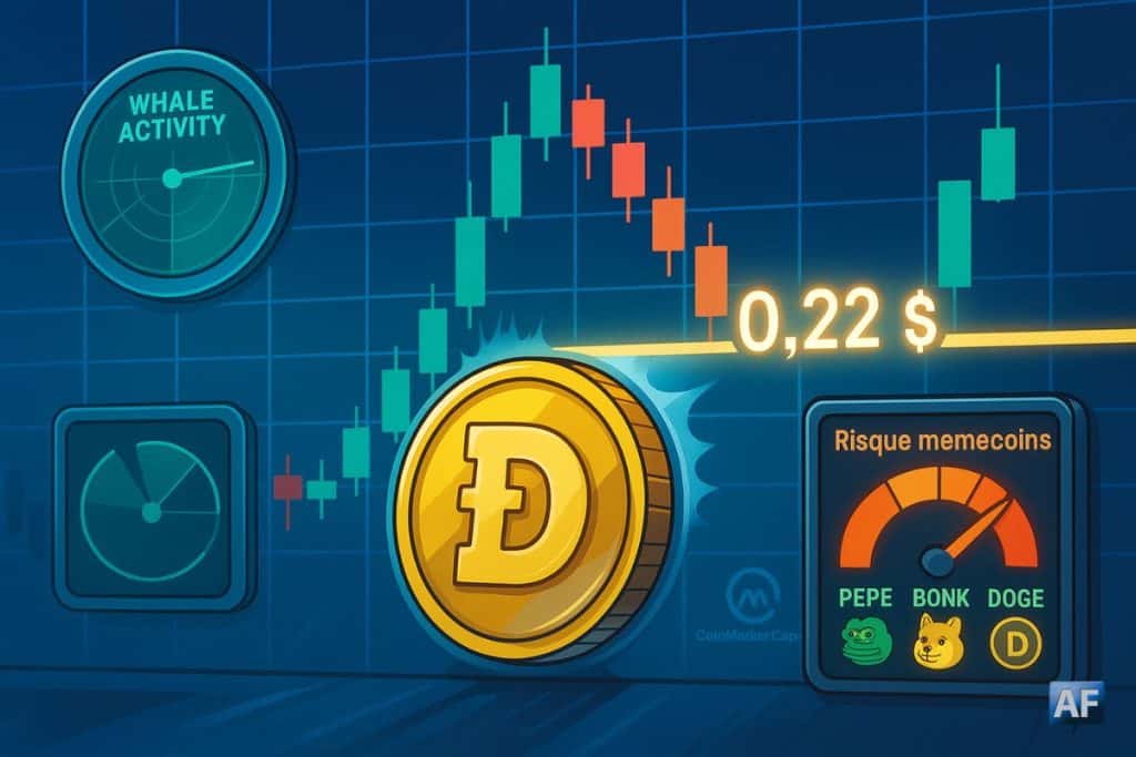Une pièce Dogecoin dorée bute visuellement contre la ligne de résistance “0,22 $” devant un graphique en chandeliers, tandis qu’un radar “whales” atone et un compteur “Risque memecoins” clignotant rappellent la sélectivité et la tension du marché.