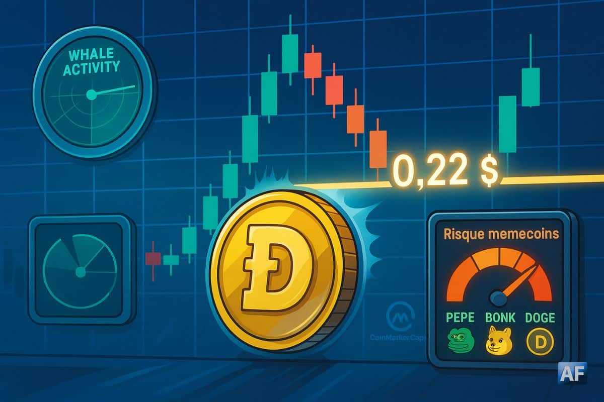 Une pièce Dogecoin dorée bute visuellement contre la ligne de résistance “0,22 $” devant un graphique en chandeliers, tandis qu’un radar “whales” atone et un compteur “Risque memecoins” clignotant rappellent la sélectivité et la tension du marché.