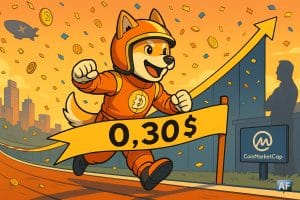 Un Shiba Inu pilote de course déchire le ruban « 0,30 $ » sur une piste-graphique haussière, clin d’œil à Dogecoin en style BD/manga avec silhouettes et logos discrets en arrière-plan.