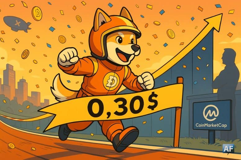 Un Shiba Inu pilote de course déchire le ruban « 0,30 $ » sur une piste-graphique haussière, clin d’œil à Dogecoin en style BD/manga avec silhouettes et logos discrets en arrière-plan.