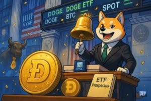 Un Shiba Inu en costume sonne la cloche du NYSE devant une grande pièce Ð et des tickers « DOGE ETF » scintillants, évoquant l’arrivée possible des ETF spot Dogecoin.