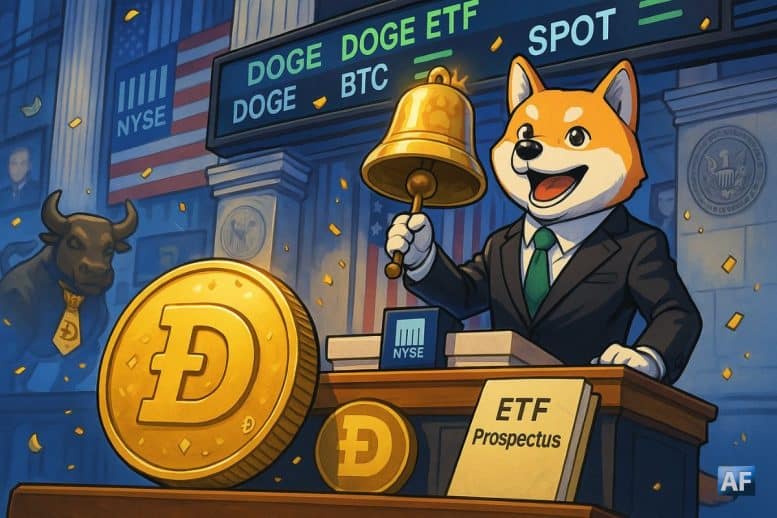 Un Shiba Inu en costume sonne la cloche du NYSE devant une grande pièce Ð et des tickers « DOGE ETF » scintillants, évoquant l’arrivée possible des ETF spot Dogecoin.