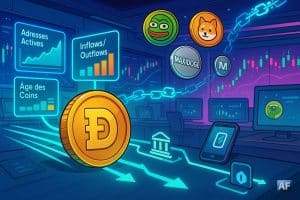 Une grande pièce DOGE dorée projette des flux holographiques vers un exchange et un wallet, tandis que PEPE, BONK et MAXIDOGE gravitent autour dans un open-space crypto.