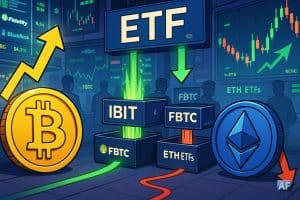 Description (une phrase) : Scène boursière façon BD/manga montrant des flux verts vers IBIT et FBTC tandis qu’un filet rouge quitte les ETF ETH, avec une grande pièce BTC qui grimpe et une pièce ETH en retrait.