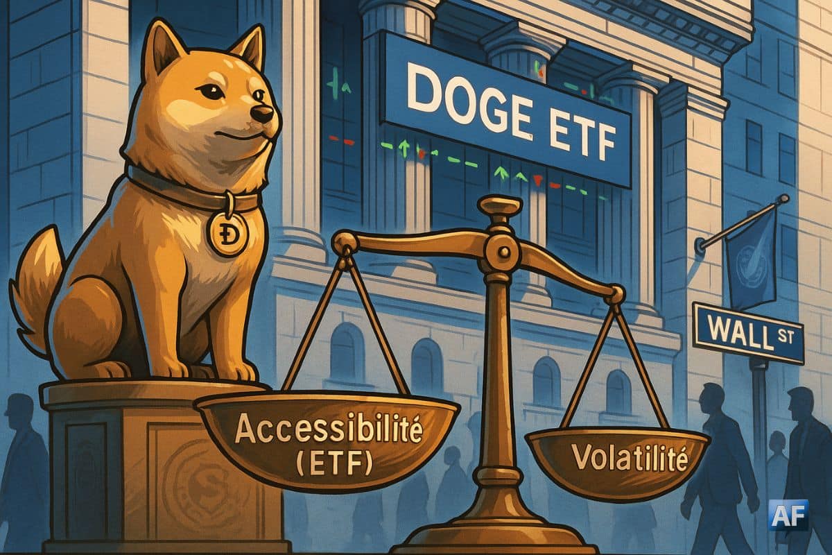 Statue de Shiba Inu en bronze sur une balance devant la Bourse, illustrant l’arbitrage entre accessibilité des ETF DOGE et volatilité des memecoins.