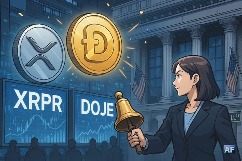 XRP et Dogecoin s’illuminent au-dessus de Wall Street, symbolisant le lancement des ETF XRPR et DOJE dans une ambiance de cloche d’ouverture et d’écrans boursiers animés.
