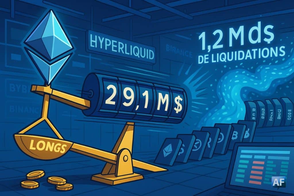 un diamant Ethereum faisant basculer la balance des longs, sous un néon « Hyperliquid », avec un compteur « 29,1 M$ » et une vague « 1,2 Md$ » de liquidations renversant des dominos crypto.