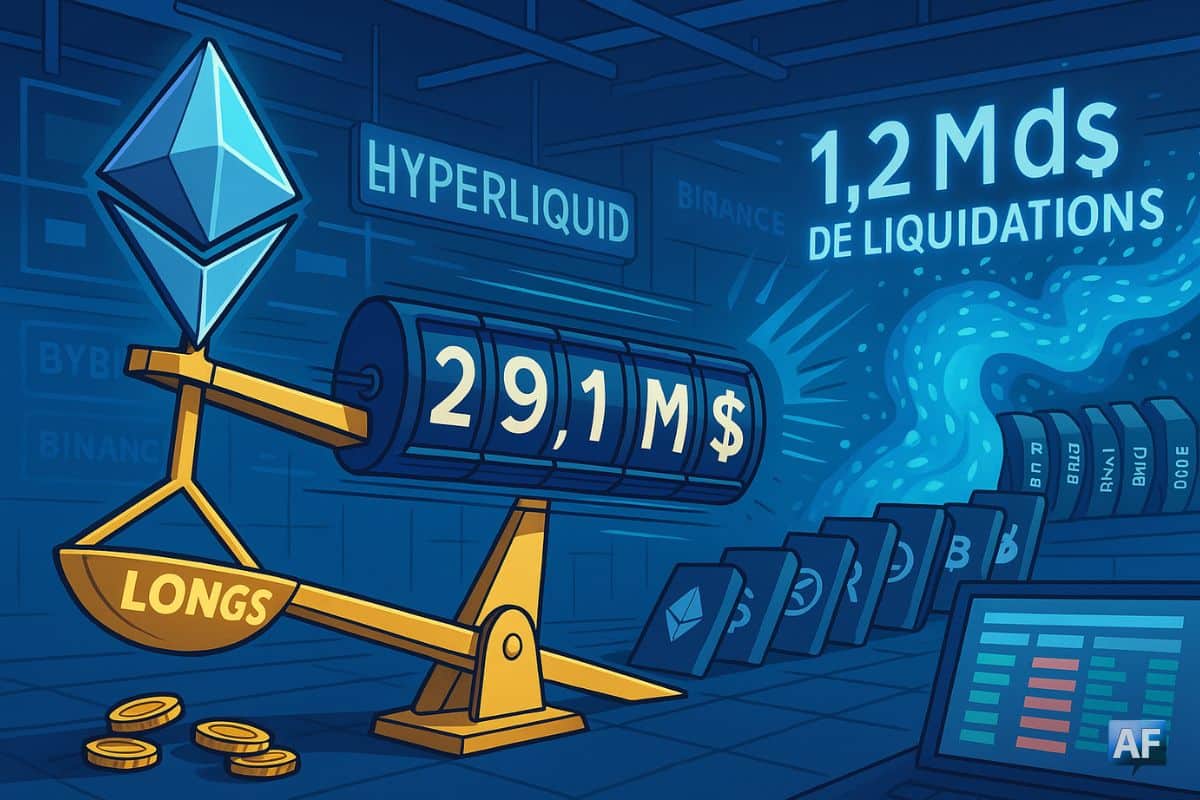 un diamant Ethereum faisant basculer la balance des longs, sous un néon « Hyperliquid », avec un compteur « 29,1 M$ » et une vague « 1,2 Md$ » de liquidations renversant des dominos crypto.