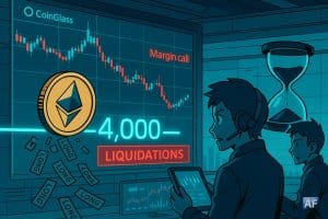 La pièce Ethereum Ξ passe sous le seuil « 4 000 $ » dans une salle de marché néon, des étiquettes LONG chutent et les écrans clignotent « Liquidations / Margin call ».