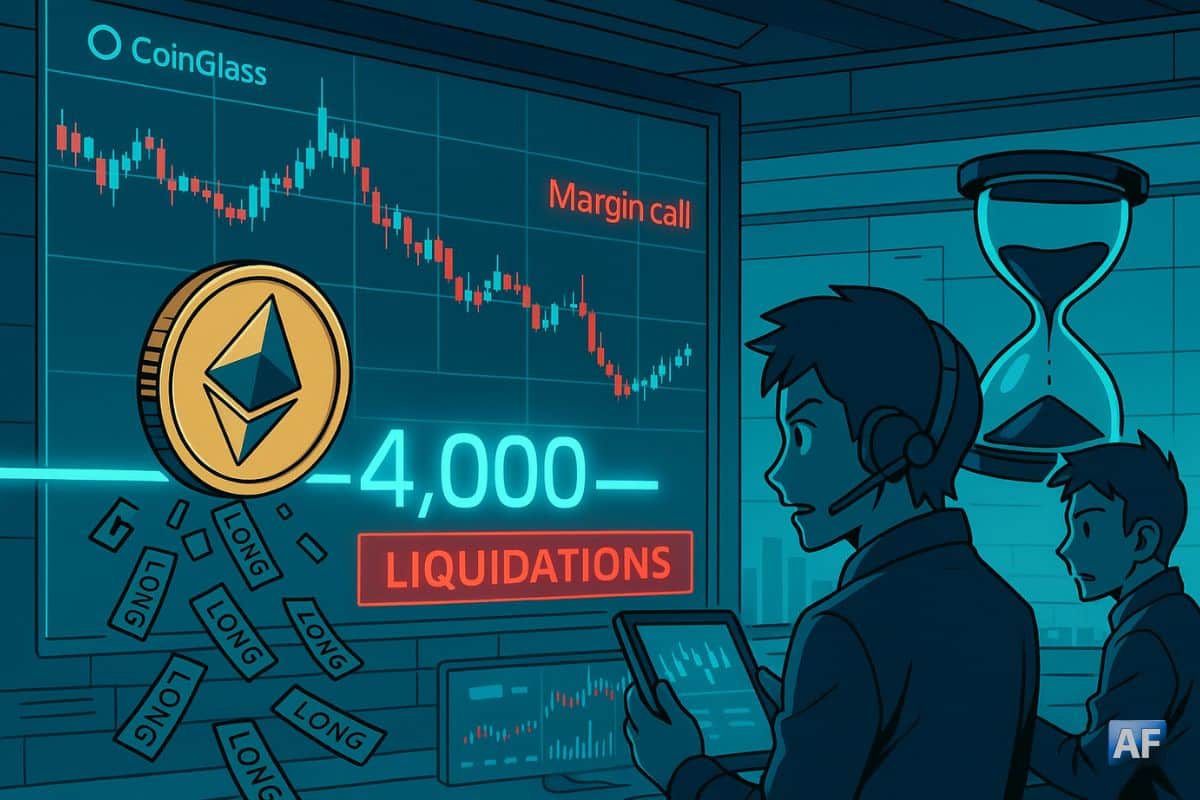 La pièce Ethereum Ξ passe sous le seuil « 4 000 $ » dans une salle de marché néon, des étiquettes LONG chutent et les écrans clignotent « Liquidations / Margin call ».