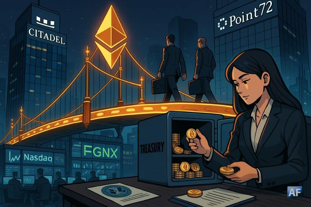 Un pont-ETH lumineux relie Citadel et Point72 au Nasdaq tandis que Maja Vujinovic alimente la trésorerie FGNX en ETH dans une scène BD nocturne.