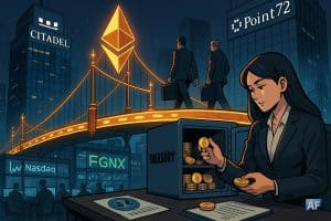 Un pont-ETH lumineux relie Citadel et Point72 au Nasdaq tandis que Maja Vujinovic alimente la trésorerie FGNX en ETH dans une scène BD nocturne.