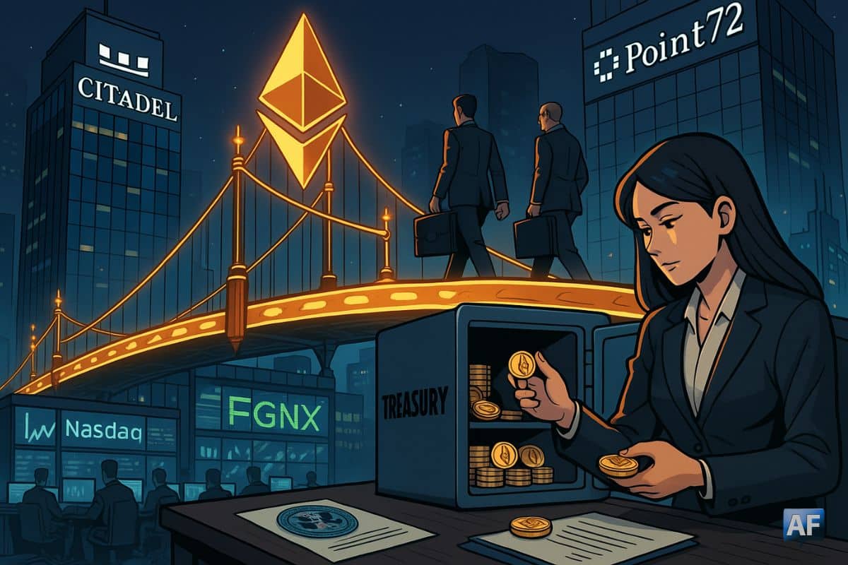 Un pont-ETH lumineux relie Citadel et Point72 au Nasdaq tandis que Maja Vujinovic alimente la trésorerie FGNX en ETH dans une scène BD nocturne.